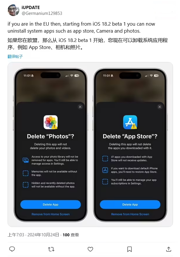 正定苹果手机维修分享iOS 18.2 支持删除 App Store 应用商店 