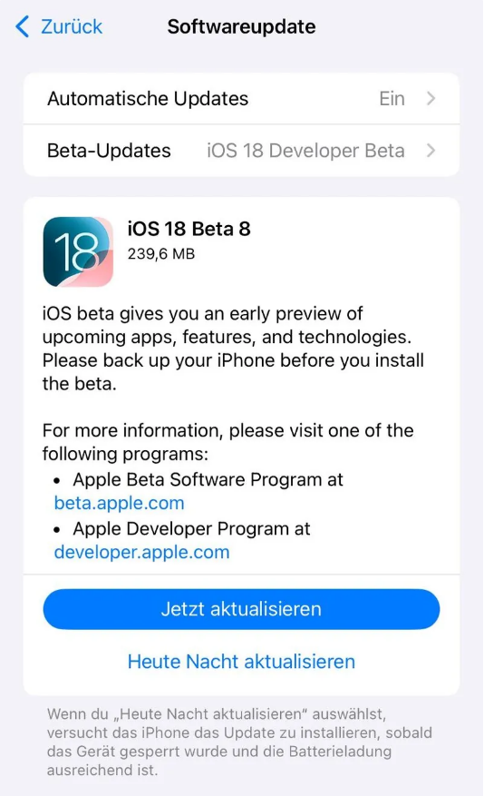 正定苹果手机维修分享苹果 iOS / iPadOS 18 开发者预览版 Beta 8 发布 